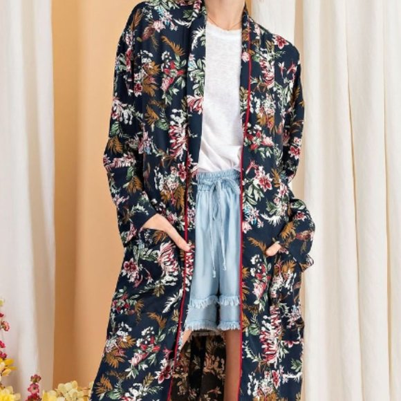 Tops 211womens Long Sleeve Open Front Printed Crepe Pj Inspired Maxi